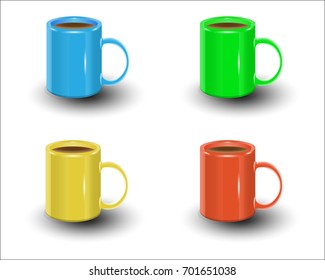 Set of multi-colored ceramic mugs on a white background