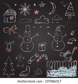  Set of multicolored chalk winter elements. Christmas theme.