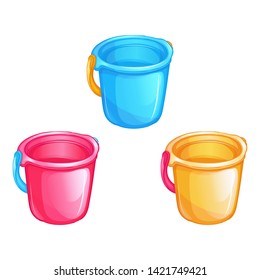 Set of multi-colored children's toy plastic buckets. Toys for sand, sandbox, beach. Vector cartoony isolated objects.