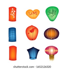 Set of multi-colored Chinese air lanterns, picture on a white background. Vector illustration, template graphic design for posters, flyers or vouchers.