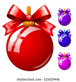 Set of multicolored Christmas balls with bowknots isolated on white background. Colorful festive baubles. Template of the poster, invitation and other cards. Vector illustration.