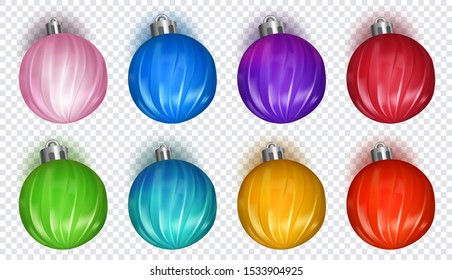 Set of multicolored Christmas balls with soft shadows, isolated on transparent background