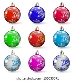 Set of multicolored Christmas balls with various ornaments