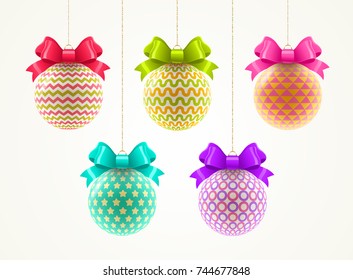 Set of multicolored Christmas baubles with color bow. Vector illustration.