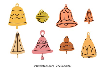 Conjunto de campanas de Navidades multicolores en varios tonos y Formas y decoraciones tintineantes. colección de Festiva para tarjetas de felicitación festivas, pegatinas, invitaciones de fiesta, materiales de Diseño gráfico de temporada