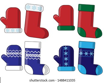 Set of multicolored Christmas gloves and socks with ornaments.