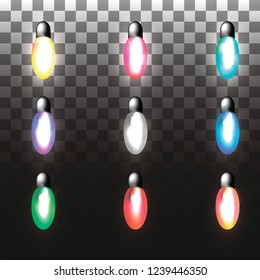 Set of multi-colored Christmas light bulbs on transparent background, elements for your design.