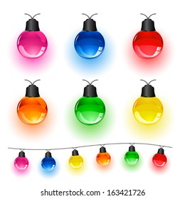 Set of multi-colored Christmas light bulbs isolated on white background, illustration.