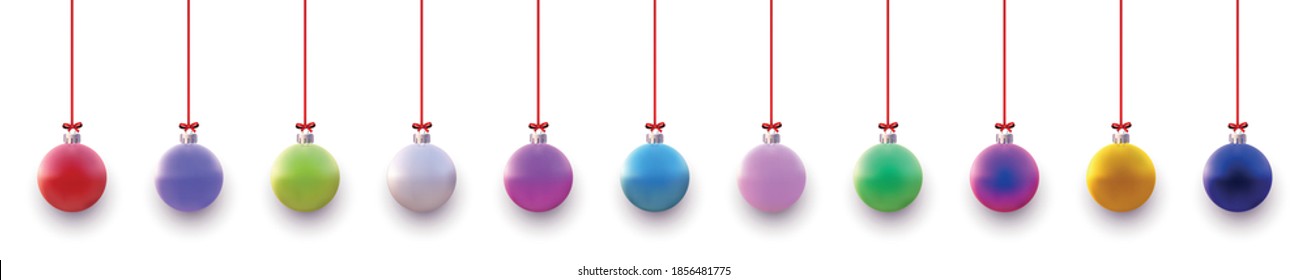 Eine Reihe mehrfarbiger Weihnachtsbaumbälle, die auf roten Bändern mit Schleife hängen. Weißer Hintergrund. Vektorgrafik für Feiertage.