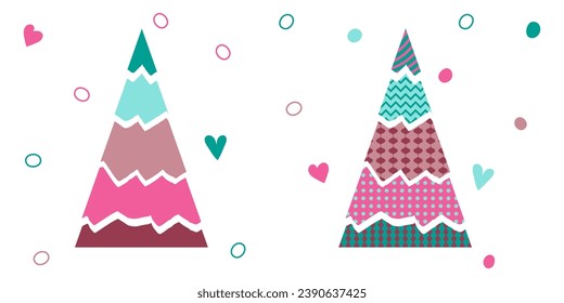 Set of multicolored Christmas tree. Colorful vector hand drawn five part illustration done in blue, red, beige and pink colors with decor zigzag, dot on white background. One of Christmas collection