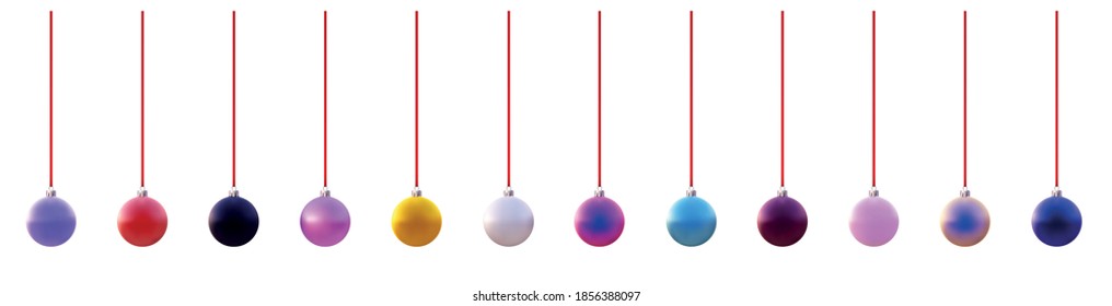 Set of multicolored christmas tree toys hanging on red ribbons. White background. Vector holiday illustration.