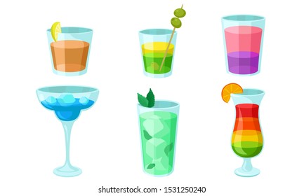Set of multi-colored cocktails in glasses. Vector illustration.