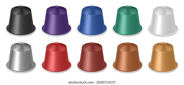 Set of multicolored coffee capsules. Realistic packaging mockup.
