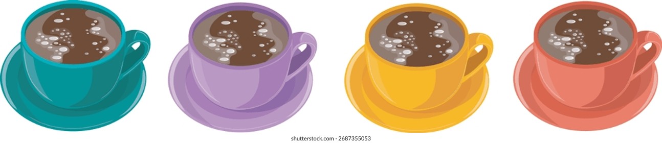 A set of multi-colored coffee cups on a white background