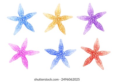 Set of multi-colored colorful starfish. Vector set of illustrations of sea animals in watercolor style isolated on white