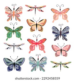 Set of multicolored colorful summer butterflies. Colored butterflies and dragonfly. Beautiful spring birds, moths, butterflies and dragonflies.