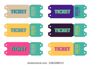 Fijado en colores multicolores de siete entradas en blanco. Mochilas violeta beige-rosa-azul-amarilla para circo, concierto, certificado, embarque, lotería, película y cupón. Ilustración del vector	