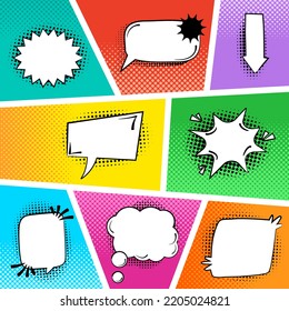 A set of multicolored Comic Cartoon Speech Bubbles. Retro style, color halftone background