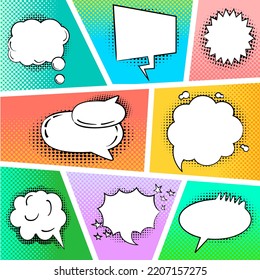 A set of multicolored Comic Cartoon Speech Bubbles. Retro style, color halftone background