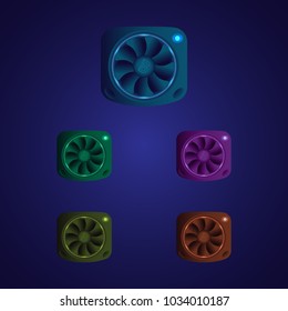 Set of multicolored computer coolers on a dark blue background. Electronics concept. Vector illustration.