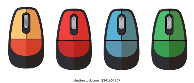 Conjunto de mouse de computadora multicolor. Ratón de computadora de dibujos animados. Ratón inalámbrico de computadora aislado en fondo blanco.