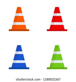 Set of multi-colored cones. Cones. The road element. White element. Vector illustration. EPS 10.