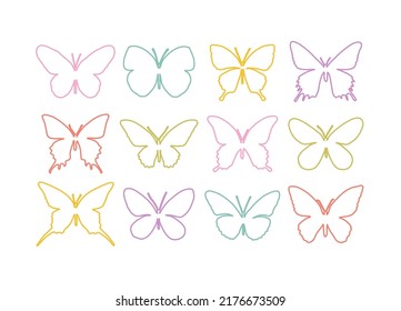 Set of multicolored contour line butterflies. Editable line