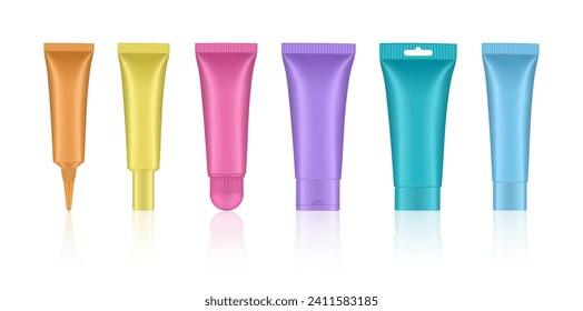 Set of multicolored cosmetic tubes. Orange, yellow, pink, purple and blue. Blank tubes with caps. Realistic mockup. Long nozzle tube for ointment or salve. Gel serum. Korean packaging. Lip gloss