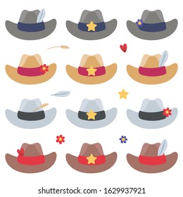 Set of multi-colored cowboy vector hats with star, flowers, feather and spikelet isolated objects on a white background.