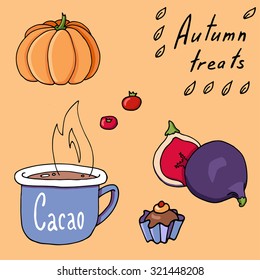 Set of multicolored cozy autumn objects on beige background. Vector illustrations of cacao mug, pumpkin, berries, cupcake and figs.