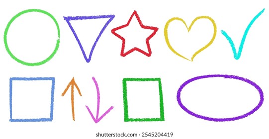 Conjunto de Formas y marcos geométricos dibujados en crayón multicolor. Colección de círculo y triángulo, estrella y corazón, marca de verificación y cuadrado, flechas y bordes ovalados para presentaciones educativas y para niños.