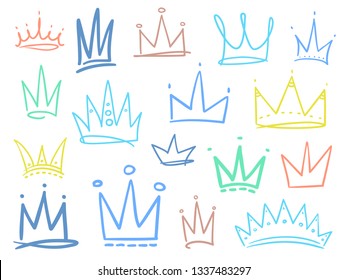 Set of multicolored crowns on white. Signs for design. Hand drawn simple objects. Line art. Colorful illustration. Sketchy elements for posters and flyers