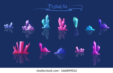 A Set Of Multi-colored Crystals, Stones For Ice And Cave Locations In The Game Design. Magic Crystals, Mineral Rocky Crystallization On A Dark Background.