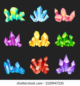 Set of multi-colored crystals. Vector illustration on a black background.