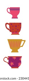 Set of multi-colored cup with different patterns. Tea, coffee, drinks. Banner for the interior. Mid-century. Hand-drawn. Vector illustration.