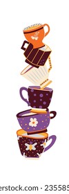 Set of multi-colored cup with different patterns. Tea, coffee, drinks. Banner for the interior. Mid-century. Hand-drawn. Vector illustration.
