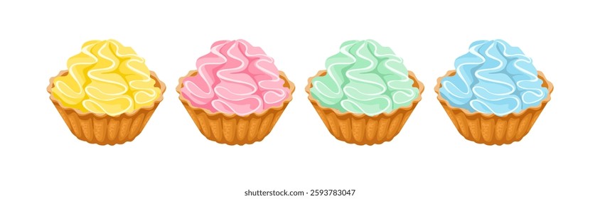 Set of multicolored cupcakes with whipped cream. Vector cartoon flat illustration of dessert