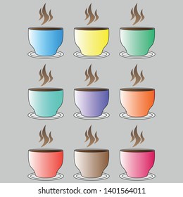 set of multi-colored cups with coffee on a gray background
