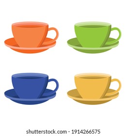 Set of multi-colored cups. The four brightly colored cups and saucers are orange blue yellow and green. Set for tea drinking. vector