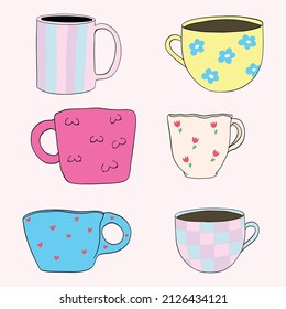 Set of multi-colored cups made in the same style. Vector illustration