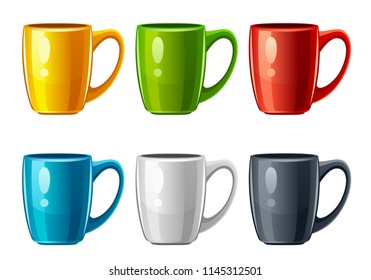Conjunto de tazas multicolores sobre un fondo blanco