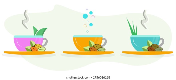 Set of multi-colored cups with saucers.
Coffee beans on a saucer with a cup.
Bright illustration for the label.
Vector isolated.