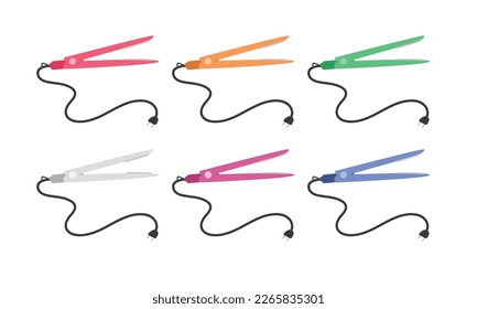 Set of multicolored curling iron in flat style vector illustration. Simple electric curling iron or hair straightener clipart cartoon style, hand drawn doodle. Household domestic vector illustration