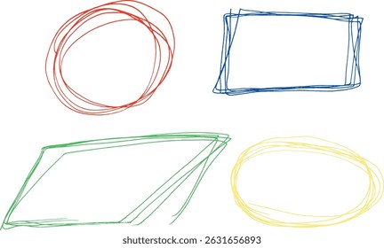 Definir curva multicolorida desenhada à mão rabiscar elementos rabiscar linha Bordas abstratas Quadros curvos Rabiscos Formas geométricas curvas Desenhado à mão Fundo branco isolado Manifestação subconsciente
