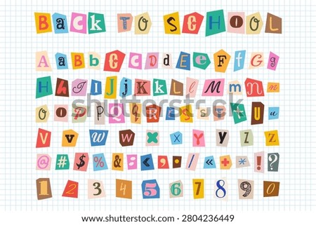 Set of multicolored cut out anonymous letters of English alphabet. Collection of magazine style elements: uppercase and lowercase letters, numbers 0-9, punctuation, symbols. For scrapbooking, collages