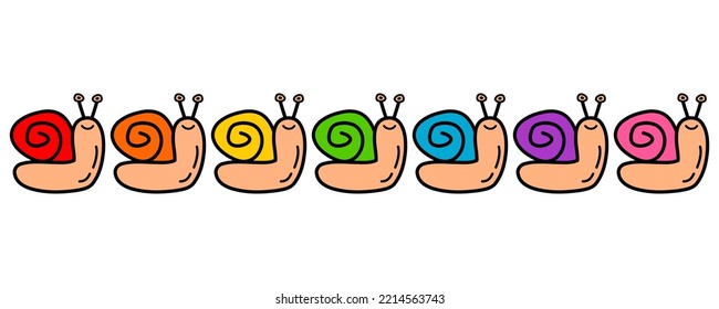 Set multicolored cute snails happy smile cartoon character hand dawing on white background flat vector design.
