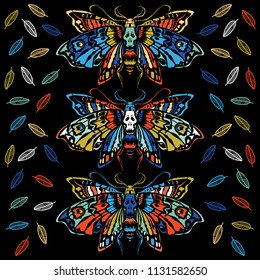 Set of Multicolored Dead head butterflies. Isolated on a black background. Great for tattoo or print on a T-shirt. Ideal for decoration of Halloween and the Day of the Dead.