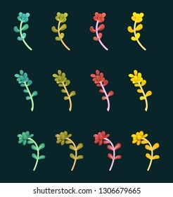 Set of multicolored decorative branches of succulents, vector illustration, can be used for greeting card or wedding invitation, natural cosmetics, health care, yoga center and other design