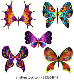 Set of multicolored decorative fantastic butterflies