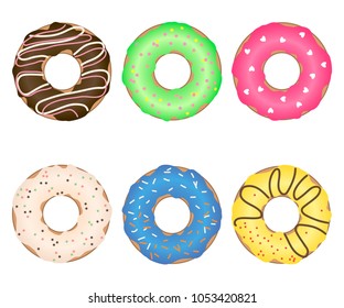 A set of multicolored delicious donuts with different sprinkling and glaze. Vector.